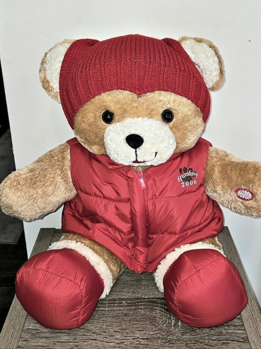 Brown Plush Teddy Bear Red Knit Hat Red Puffer Vest "Humfrey" 2006 Dandee SEE